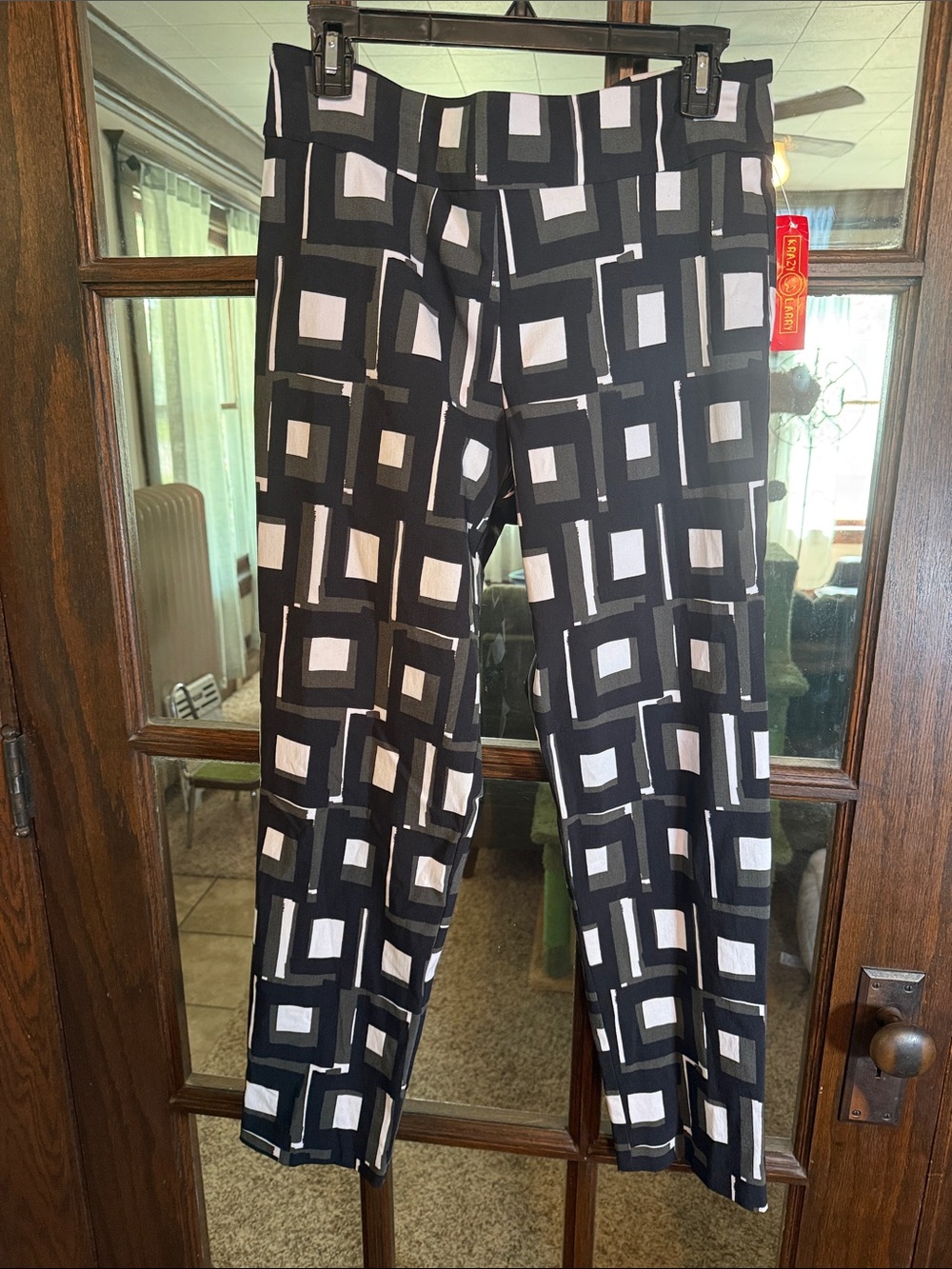 Krazy Larry Women Geometric Square Print Pull On Ankle Pants P-507 Black Size 12
